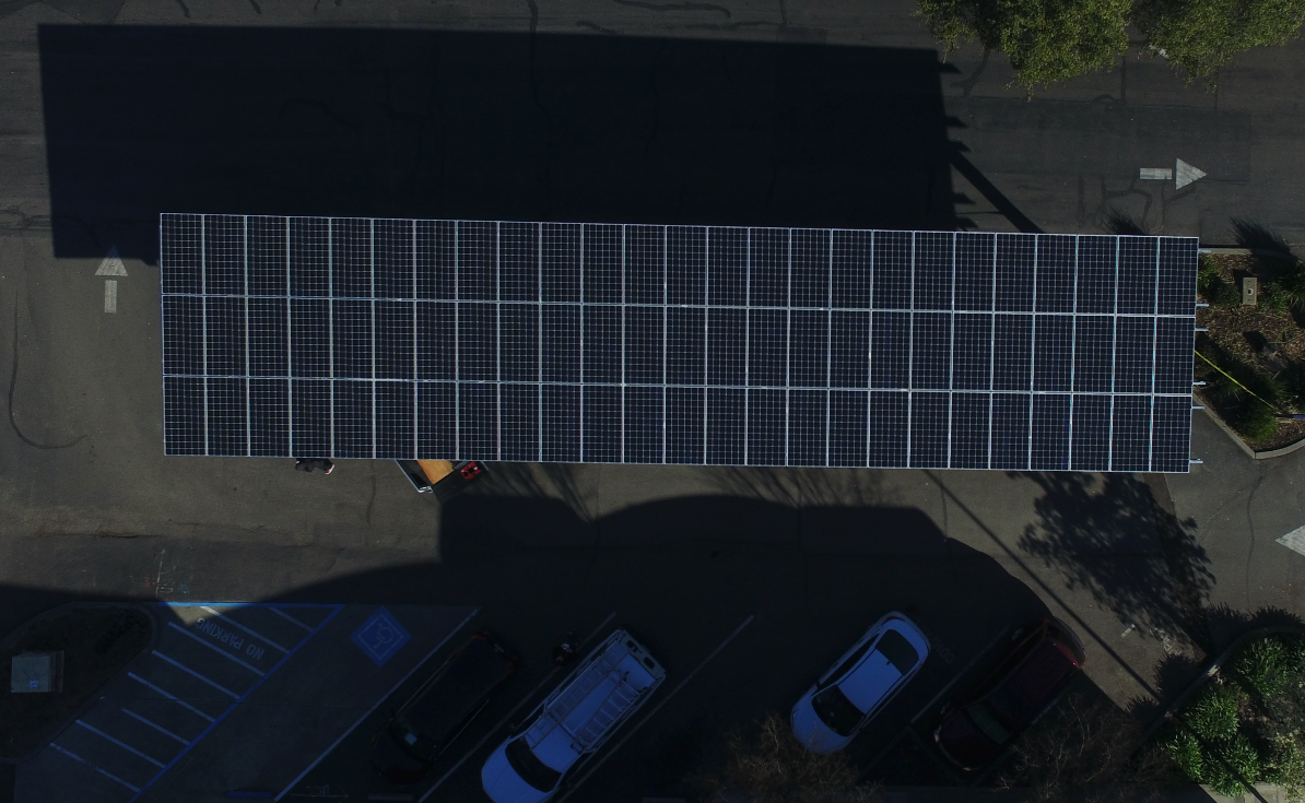 aerial view of finished solar array in parking lot