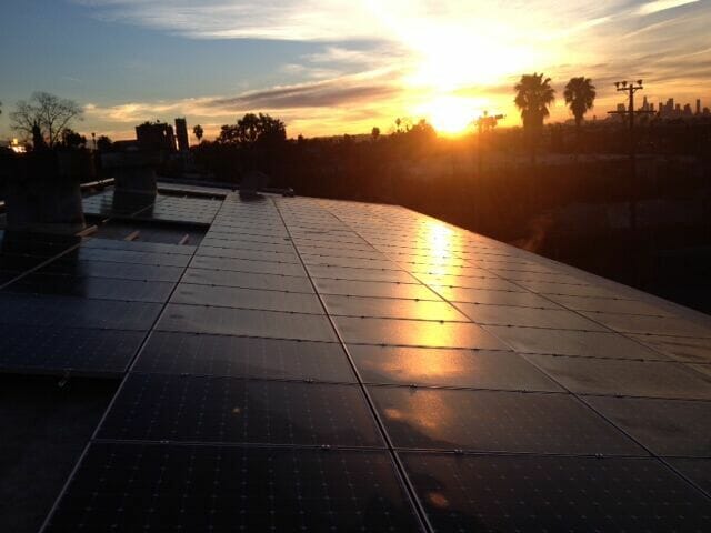 panels up for Jim Henson Studios solar project at sunset